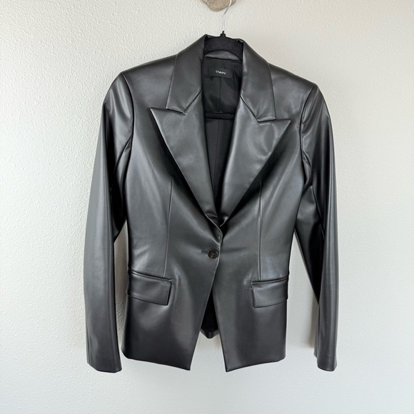 Theory Bedford Faux Leather Angled Blazer Black Vegan Business Casual Women’s 0 - Picture 3 of 14